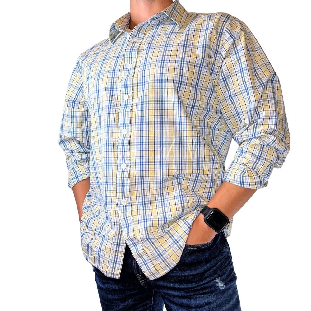 BUCKLE BKE Button Down Shirt L Yellow Blue Plaid Regular Fit Long Sleeve Cotton